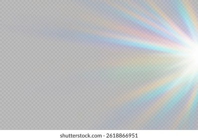 Rainbow crystal shining star. Crystal diamond ray light, reflection on transparent background. Sun shines rainbow red yellow and blue color.. Vector lens glare leakage glare reflection.