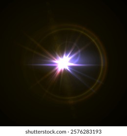 Rainbow Crystal Star Effects: Optical Light Rays with Red, Yellow, and Blue Glows. Sunlight Reflections and Lens Glare Sparkles for Creative and Artistic Vector Design