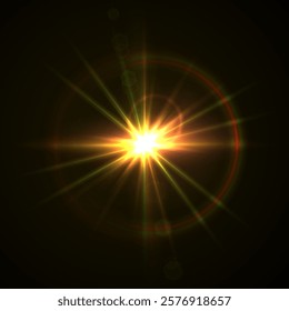 Rainbow Crystal Star Effects: Optical Light Rays with Red, Yellow, and Blue Glows. Sunlight Reflections and Lens Glare Sparkles for Creative and Artistic Vector Design