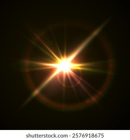 Rainbow Crystal Star Effects: Optical Light Rays with Red, Yellow, and Blue Glows. Sunlight Reflections and Lens Glare Sparkles for Creative and Artistic Vector Design
