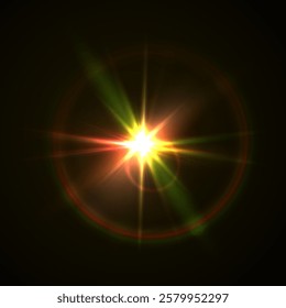 Rainbow Crystal Star Effects: Optical Light Rays with Red, Yellow, and Blue Glows. Sunlight Reflections and Lens Glare Sparkles for Creative and Artistic Vector Design