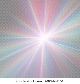 Rainbow crystal star. Crystal ray light, sun shines rainbow red yellow and blue color. Optical fire light effect. Vector lens glare leakage glare reflection effect. Sparkle shine. Sunlight