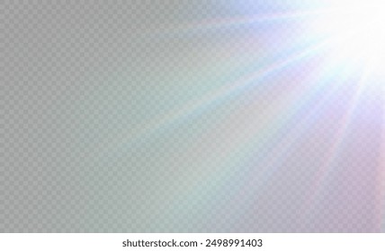 Regenbogenkristallstern. Kristallstrahlenbeleuchtung, Sonne scheint Regenbogen rot gelb und blau Farbe. Optischer Feuer-Lichteffekt. Reflektionseffekt der Reflexion durch Blendung der Vektorlinse. Glitzern. Sonnenlicht