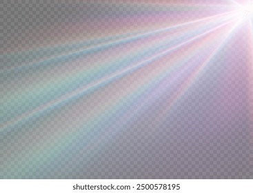 Estrella de cristal del arco iris. Luz de rayo de cristal, el sol brilla el color rojo, amarillo y azul del arco iris. Efecto óptico de luz de fuego. Efecto de reflexión de deslumbramiento de fuga de lente de Vector. Brillo de chispa. Luz solar