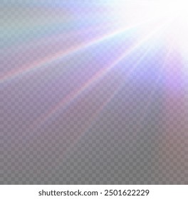 Rainbow crystal star. Crystal ray light, sun shines rainbow red yellow and blue color. Optical fire light effect. Vector lens glare leakage glare reflection effect. Sparkle shine. Sunlight