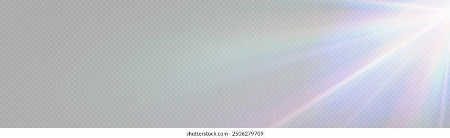 Regenbogenkristallstern. Kristallstrahlenbeleuchtung, Sonne scheint Regenbogen rot gelb und blau Farbe. Optischer Feuer-Lichteffekt. Reflektionseffekt der Reflexion durch Blendung der Vektorlinse. Glitzern. Sonnenlicht
