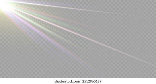 Regenbogenkristallstern. Kristallstrahlenbeleuchtung, Sonne scheint Regenbogen rot gelb und blau Farbe. Optischer Feuer-Lichteffekt. Reflektionseffekt der Reflexion durch Blendung der Vektorlinse. Glitzern. Sonnenlicht