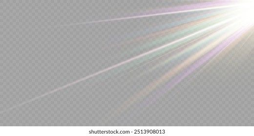 Regenbogenkristallstern. Kristallstrahlenbeleuchtung, Sonne scheint Regenbogen rot gelb und blau Farbe. Optischer Feuer-Lichteffekt. Reflektionseffekt der Reflexion durch Blendung der Vektorlinse. Glitzern. Sonnenlicht