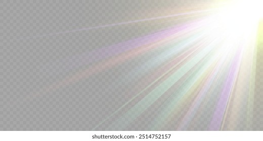 Regenbogenkristallstern. Kristallstrahlenbeleuchtung, Sonne scheint Regenbogen rot gelb und blau Farbe. Optischer Feuer-Lichteffekt. Reflektionseffekt der Reflexion durch Blendung der Vektorlinse. Glitzern. Sonnenlicht