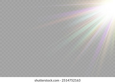 Regenbogenkristallstern. Kristallstrahlenbeleuchtung, Sonne scheint Regenbogen rot gelb und blau Farbe. Optischer Feuer-Lichteffekt. Reflektionseffekt der Reflexion durch Blendung der Vektorlinse. Glitzern. Sonnenlicht