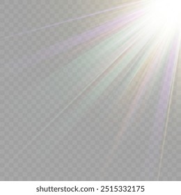 Rainbow crystal star. Crystal ray light, sun shines rainbow red yellow and blue color. Optical fire light effect. Vector lens glare leakage glare reflection effect. Sparkle shine. Sunlight