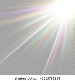 Estrella de cristal del arco iris. Luz de rayo de cristal, el sol brilla el color rojo, amarillo y azul del arco iris. Efecto óptico de luz de fuego. Efecto de reflexión de deslumbramiento de fuga de lente de Vector. Brillo de chispa. Luz solar