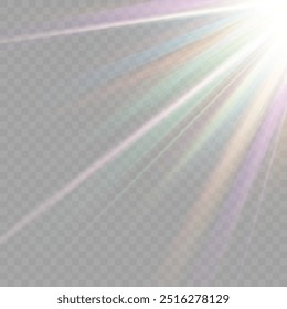 Regenbogenkristallstern. Kristallstrahlenbeleuchtung, Sonne scheint Regenbogen rot gelb und blau Farbe. Optischer Feuer-Lichteffekt. Reflektionseffekt der Reflexion durch Blendung der Vektorlinse. Glitzern. Sonnenlicht