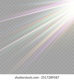 Regenbogenkristallstern. Kristallstrahlenbeleuchtung, Sonne scheint Regenbogen rot gelb und blau Farbe. Optischer Feuer-Lichteffekt. Reflektionseffekt der Reflexion durch Blendung der Vektorlinse. Glitzern. Sonnenlicht