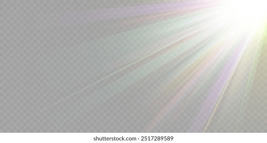 Rainbow crystal star. Crystal ray light, sun shines rainbow red yellow and blue color. Optical fire light effect. Vector lens glare leakage glare reflection effect. Sparkle shine. Sunlight