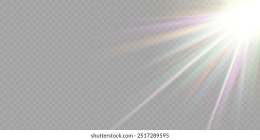 Regenbogenkristallstern. Kristallstrahlenbeleuchtung, Sonne scheint Regenbogen rot gelb und blau Farbe. Optischer Feuer-Lichteffekt. Reflektionseffekt der Reflexion durch Blendung der Vektorlinse. Glitzern. Sonnenlicht