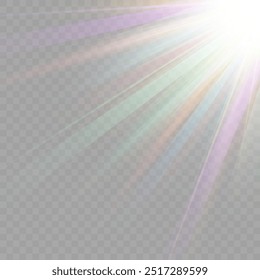 Estrella de cristal del arco iris. Luz de rayo de cristal, el sol brilla el color rojo, amarillo y azul del arco iris. Efecto óptico de luz de fuego. Efecto de reflexión de deslumbramiento de fuga de lente de Vector. Brillo de chispa. Luz solar