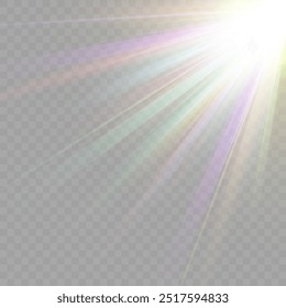 Regenbogenkristallstern. Kristallstrahlenbeleuchtung, Sonne scheint Regenbogen rot gelb und blau Farbe. Optischer Feuer-Lichteffekt. Reflektionseffekt der Reflexion durch Blendung der Vektorlinse. Glitzern. Sonnenlicht
