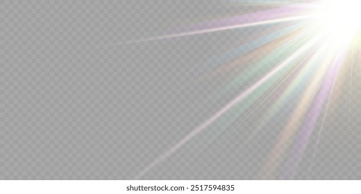 Estrella de cristal del arco iris. Luz de rayo de cristal, el sol brilla el color rojo, amarillo y azul del arco iris. Efecto óptico de luz de fuego. Efecto de reflexión de deslumbramiento de fuga de lente de Vector. Brillo de chispa. Luz solar