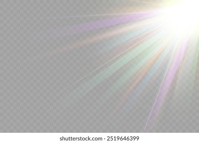 Estrella de cristal del arco iris. Luz de rayo de cristal, el sol brilla el color rojo, amarillo y azul del arco iris. Efecto óptico de luz de fuego. Efecto de reflexión de deslumbramiento de fuga de lente de Vector. Brillo de chispa. Luz solar