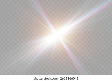 Rainbow crystal star. Crystal ray light, sun shines rainbow red yellow and blue color. Optical fire light effect. Vector lens glare leakage glare reflection effect. Sparkle shine. Sunlight
