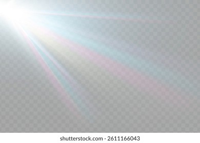 Rainbow crystal star. Crystal ray light, sun shines rainbow red yellow and blue color. Optical fire light effect. Vector lens glare leakage glare reflection effect. Sparkle shine. Sunlight