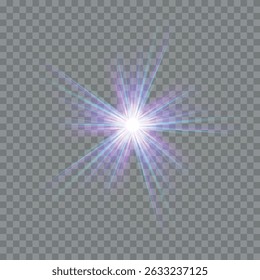 Regenbogenkristallstern. Kristallstrahlenbeleuchtung, Sonne scheint Regenbogen rot gelb und blau Farbe. Optischer Feuer-Lichteffekt. Reflektionseffekt der Reflexion durch Blendung der Vektorlinse. Glitzern. Sonnenlicht

