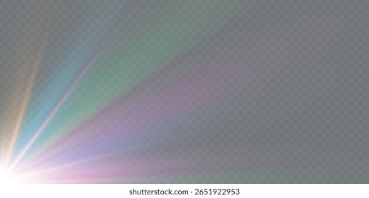 Rainbow crystal star. Crystal ray light, sun shines rainbow red yellow and blue color. Optical fire light effect. Vector lens glare leakage glare reflection effect. Sparkle shine. Sunlight
