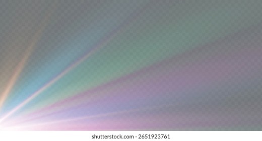 Regenbogenkristallstern. Kristallstrahlenbeleuchtung, Sonne scheint Regenbogen rot gelb und blau Farbe. Optischer Feuer-Lichteffekt. Reflektionseffekt der Reflexion durch Blendung der Vektorlinse. Glitzern. Sonnenlicht