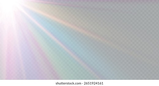 Regenbogenkristallstern. Kristallstrahlenbeleuchtung, Sonne scheint Regenbogen rot gelb und blau Farbe. Optischer Feuer-Lichteffekt. Reflektionseffekt der Reflexion durch Blendung der Vektorlinse. Glitzern. Sonnenlicht
