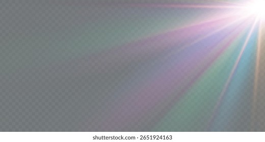 Rainbow crystal star. Crystal ray light, sun shines rainbow red yellow and blue color. Optical fire light effect. Vector lens glare leakage glare reflection effect. Sparkle shine. Sunlight
