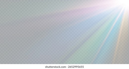 Regenbogenkristallstern. Kristallstrahlenbeleuchtung, Sonne scheint Regenbogen rot gelb und blau Farbe. Optischer Feuer-Lichteffekt. Reflektionseffekt der Reflexion durch Blendung der Vektorlinse. Glitzern. Sonnenlicht