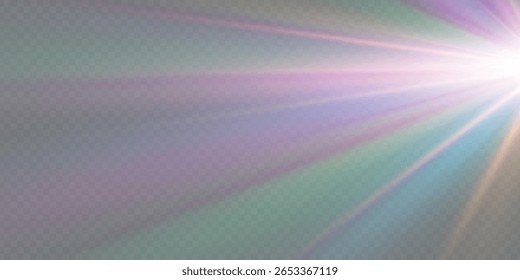 Estrella de cristal del arco iris. Luz de rayo de cristal, el sol brilla el color rojo, amarillo y azul del arco iris. Efecto óptico de luz de fuego. Efecto de reflexión de deslumbramiento de fuga de lente de Vector. Brillo de chispa. Luz solar