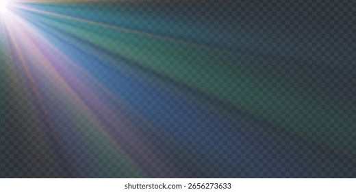 Regenbogenkristallstern. Kristallstrahlenbeleuchtung, Sonne scheint Regenbogen rot gelb und blau Farbe. Optischer Feuer-Lichteffekt. Reflektionseffekt der Reflexion durch Blendung der Vektorlinse. Glitzern. Sonnenlicht