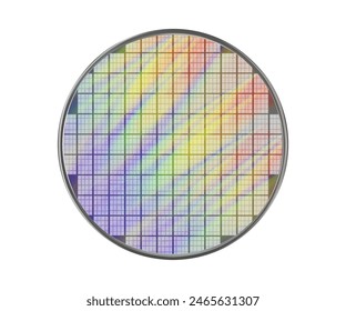 Rainbow crystalline silicon wafer with microchips on a lattice. Microelectronic device for manufacturing integrated circuits. Vector illustration