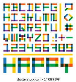 Rainbow Cube Typeface alphabet in bold lines and square edge optic style, overlapping colorful elements