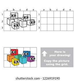 Rainbow cubes funny and smiley, the educational horizontal game with simple game level. Copy the picture.