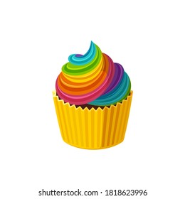 Rainbow cupcake with colorful icing. Fairy cake in paper cup. Tasty dessert with rainbow colored frosting. Vector illustration in cute cartoon style