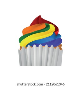 Rainbow cupcake with colorful icing. Fairy cake in paper cup. Tasty dessert with rainbow colored frosting. Vector illustration in cute cartoon style