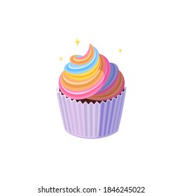 Rainbow cupcake with colorful icing. Shining fairy cake in paper cup. Tasty dessert with rainbow colored frosting. Vector illustration in cute cartoon style