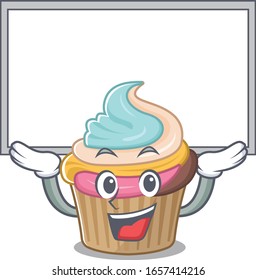 A rainbow cupcake mascot picture raised up board