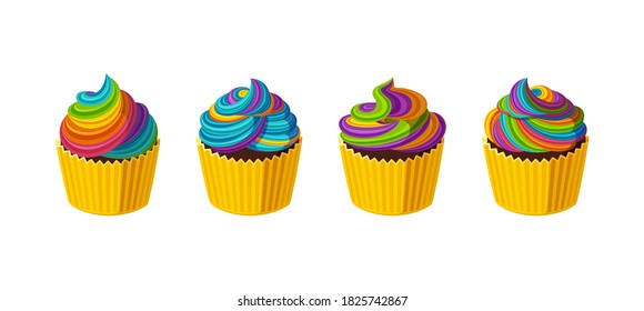 Rainbow cupcakes with multicolored icing. Tasty cakes with colorful cream. Vector illustration in cute cartoon style