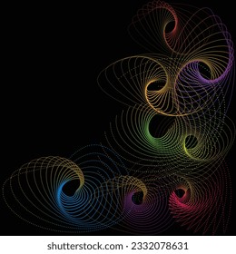 Líneas de curva arco iris con puntos de fondo vectorial dinámico abstracto o logotipo o icono. símbolo de ilustración en fondo oscuro.