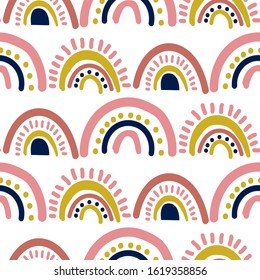 Rainbow cut out paper abstract modern shapes seamless pattern. Hand drawn scallop archs repeat background for wrap, textile and print design. Pink yellow colors texture objects.