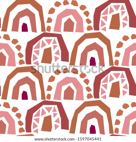 Rainbow cut out paper abstract modern shapes seamless pattern. Rouge brown repeat background for wrap, textile and print design. Earthy terra colors texture objects.