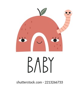 Arcoiris con la cara de manzana linda y con la inscripción BABY. Arte de enfermería. Ilustración vectorial