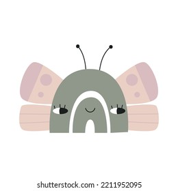 Rainbow with cute butterfly face. Nursery art. Vector illustration