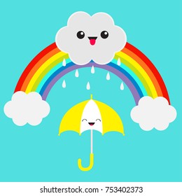 Rainbow. Cute cartoon kawaii cloud with rain drops. Showing tongue emotion. Smiling laughing umbrella. Eyes and mouth. Blue sky background. Baby funny character emoji collection. Flat design. Vector