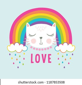 Rainbow cute cat vector illustration.Cute children cartoon character design.Colorful celebration card for birthday and special occasions.Animal print.