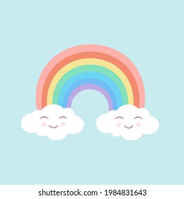 Arcoiris con bonitas nubes sobre un fondo azul aislado. Ilustración vectorial para telas, texturas, papel tapiz, carteles, pegatinas, postales. Huella infantil.